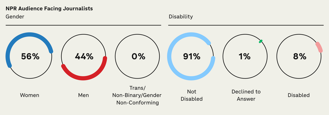 For gender, the representation percentages are Woman-56%, Man-44%, Trans/Nonbinary/Gender Nonconforming-0%. For disability, Not Disabled-91%, Declined to answer-1%, Disabled-8%
