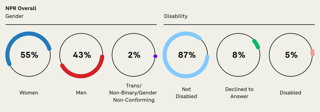 For gender, the representation percentages are Woman-54%, Man-43%, Trans/Nonbinary/Gender Nonconforming-2%. For disability, Not Disabled-87%, Declined to answer-8%, Disabled-5%